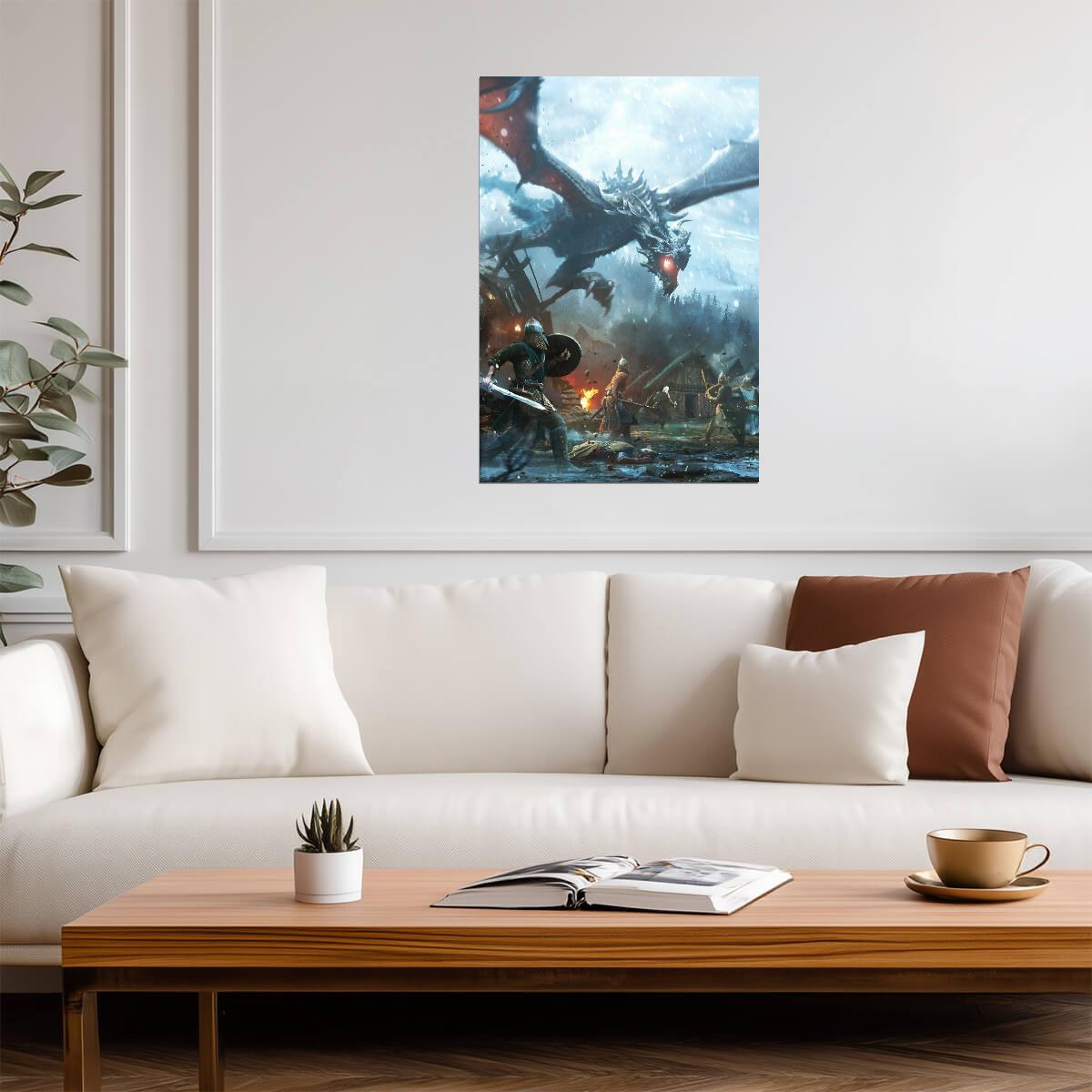 Skyrim Dragon Attacking Village | Epic Battle Scene Poster | Elder Scrolls Game Art - Video Games Poster