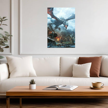 Skyrim Dragon Attacking Village | Epic Battle Scene Poster | Elder Scrolls Game Art - Video Games Poster