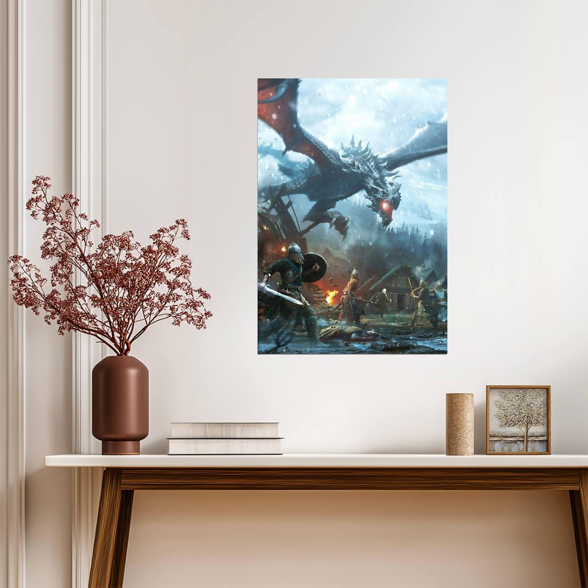 Skyrim Dragon Attacking Village | Epic Battle Scene Poster | Elder Scrolls Game Art - Video Games Poster