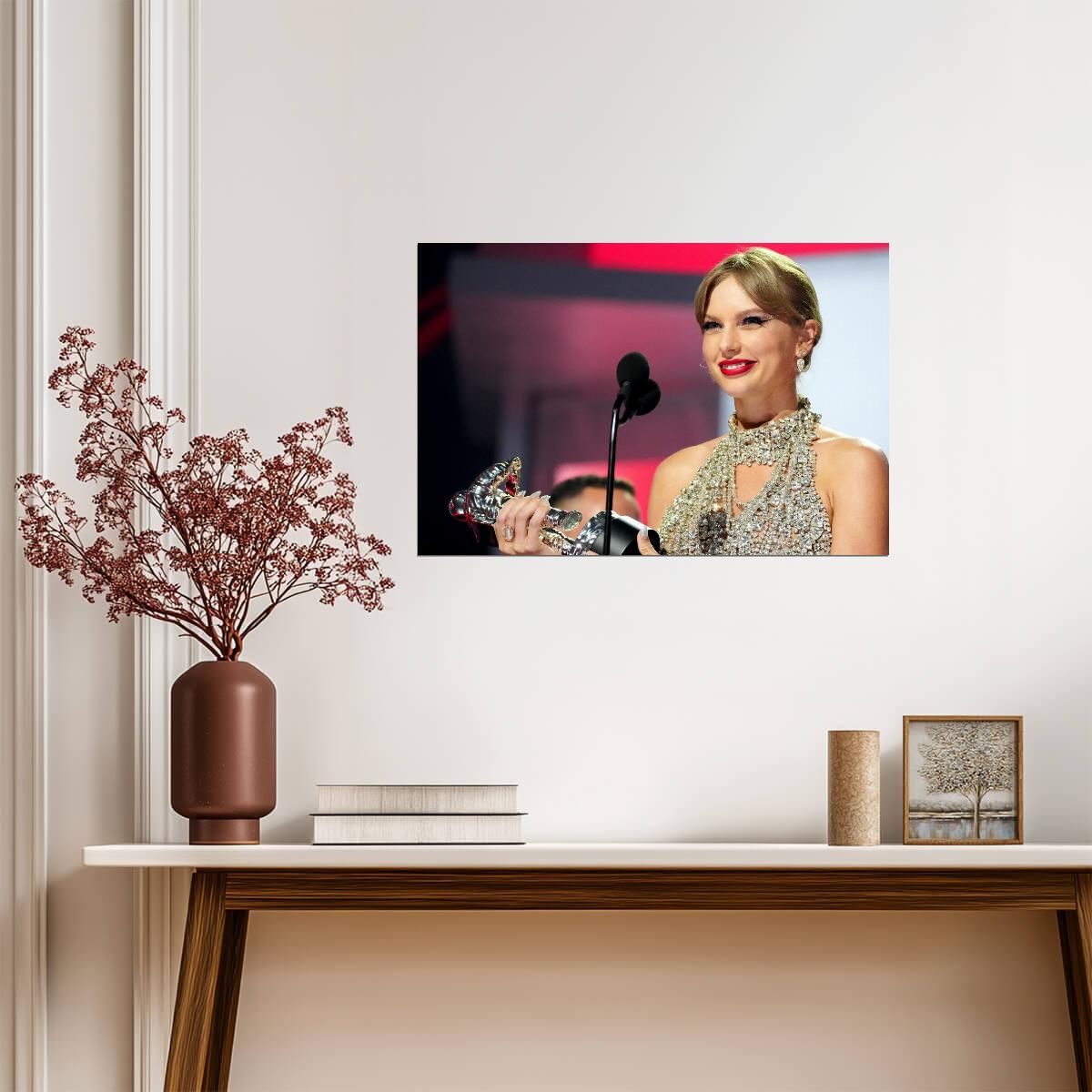 Taylor Swift Holding VMA Award | Acceptance Speech Poster | Celebrity Music Win - Music Poster