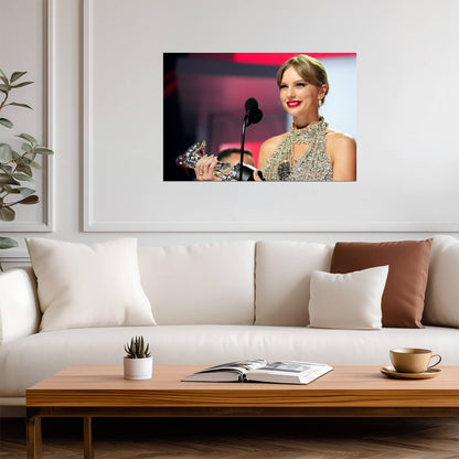 Taylor Swift Holding VMA Award | Acceptance Speech Poster | Celebrity Music Win - Music Poster