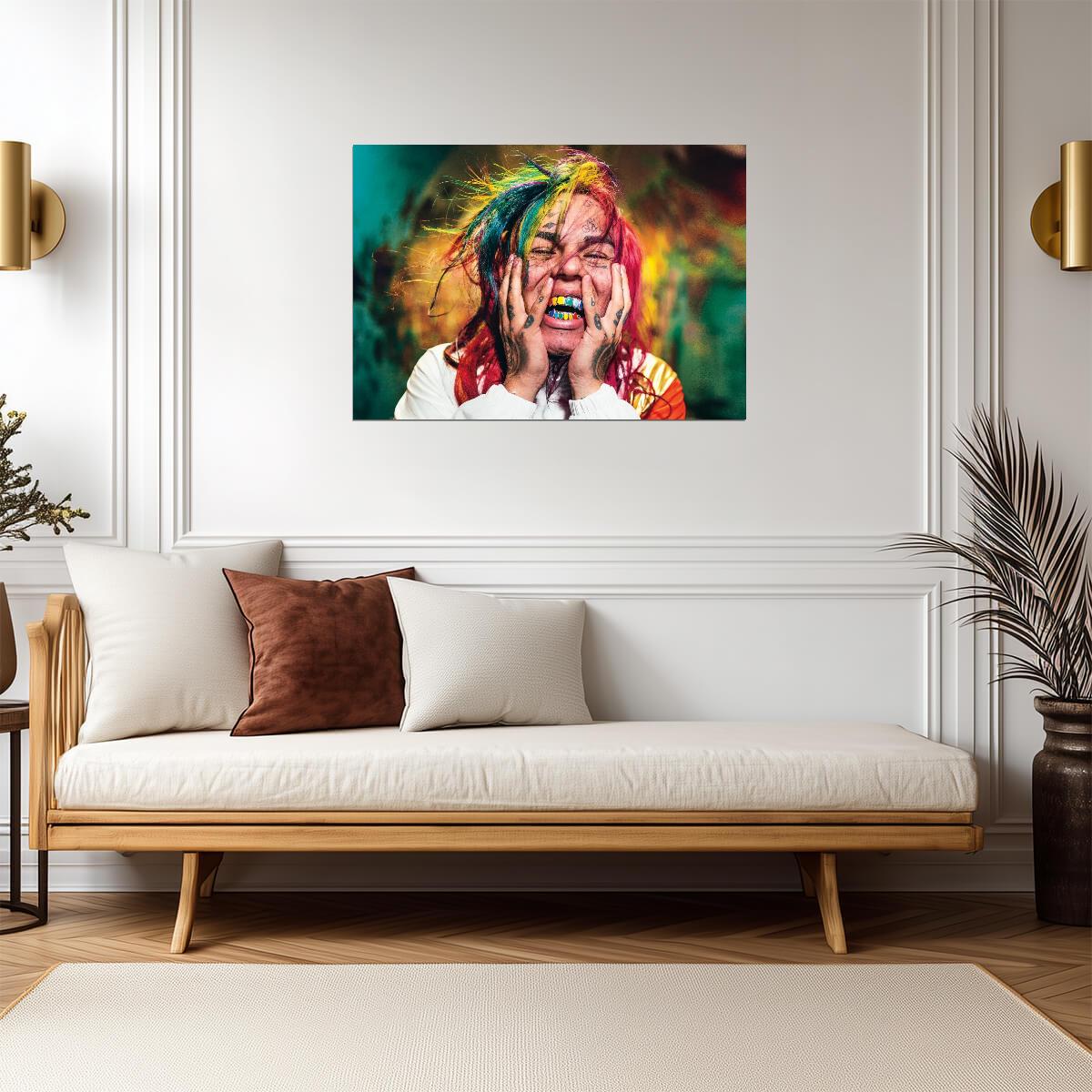 6ix9ine Vibrant Portrait | Music Poster | Rainbow Hair Rapper Print - Music Poster