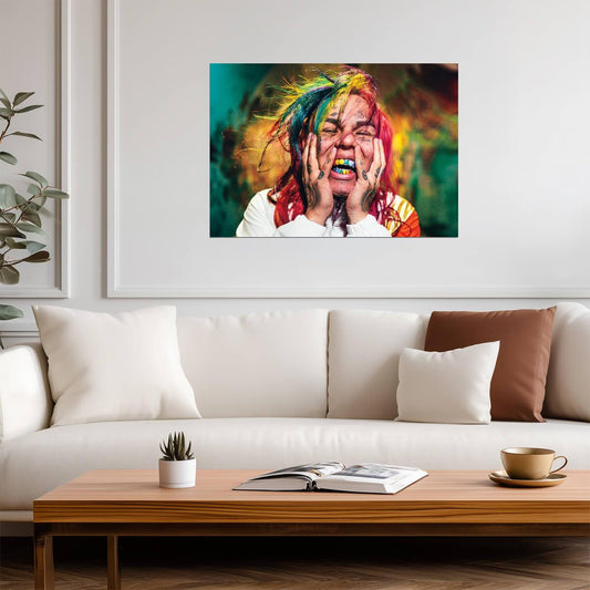 6ix9ine Vibrant Portrait | Music Poster | Rainbow Hair Rapper Print - Music Poster