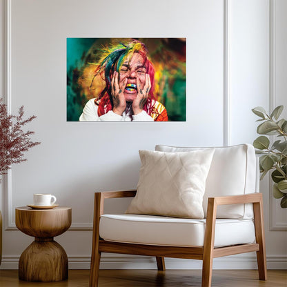 6ix9ine Vibrant Portrait | Music Poster | Rainbow Hair Rapper Print - Music Poster