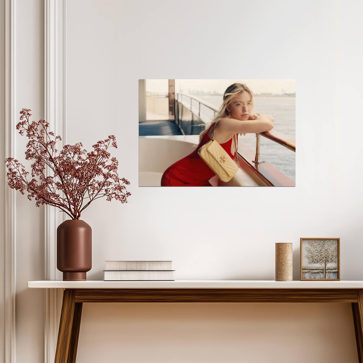 Sydney Sweeney Red Dress | Boat Deck Portrait Photo | Celebrity Fashion Poster - Celebrities Poster