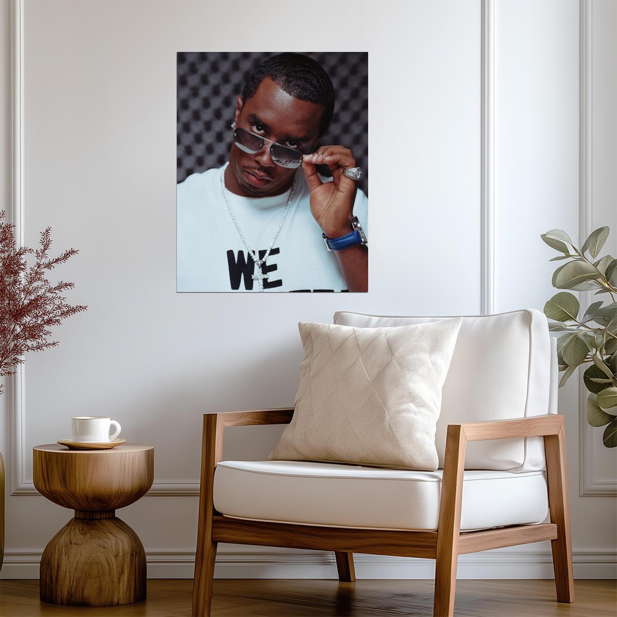 Sean Diddy Combs Sunglasses | White Tee & Diamond Chain | Hip Hop Mogul Poster - Music Poster