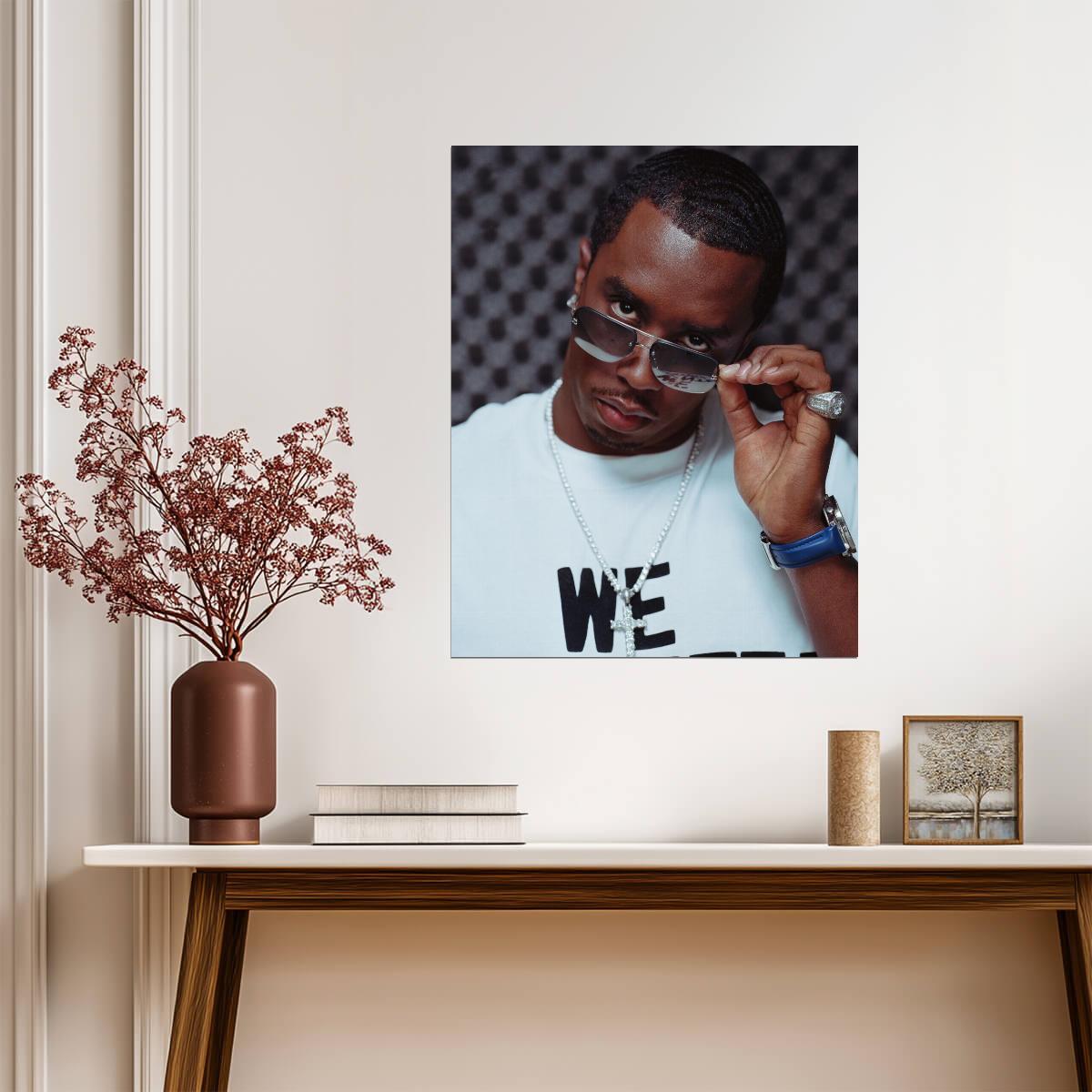 Sean Diddy Combs Sunglasses | White Tee & Diamond Chain | Hip Hop Mogul Poster - Music Poster
