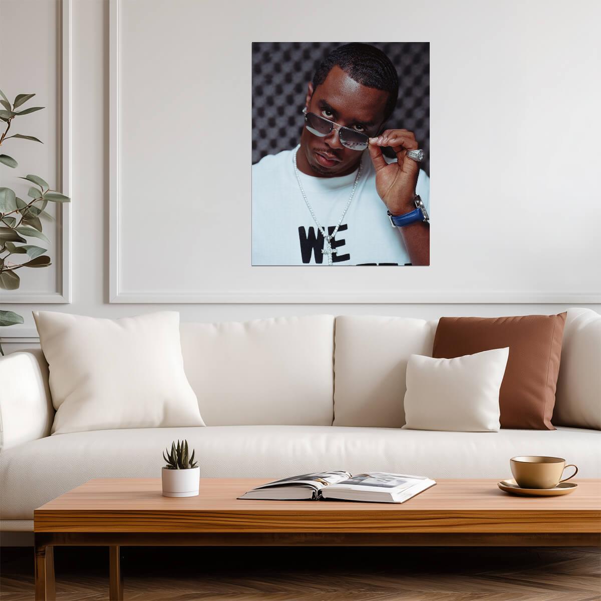 Sean Diddy Combs Sunglasses | White Tee & Diamond Chain | Hip Hop Mogul Poster - Music Poster