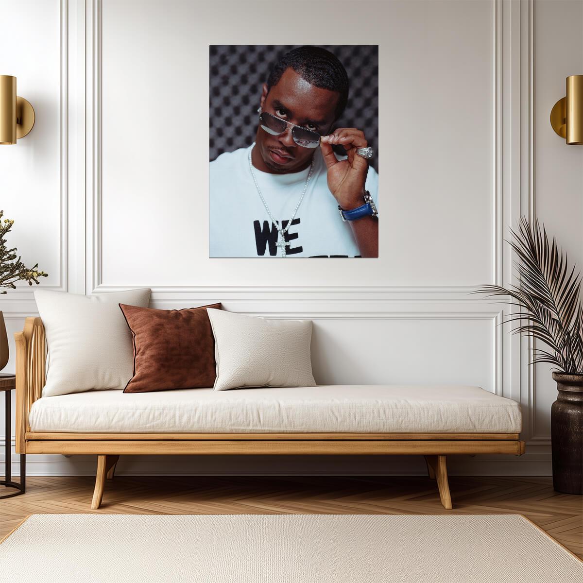 Sean Diddy Combs Sunglasses | White Tee & Diamond Chain | Hip Hop Mogul Poster - Music Poster