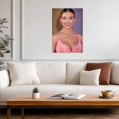 Sydney Sweeney Pink Outfit | Smiling Portrait with Heart Earrings | Celebrity Star Poster - Celebrities Poster