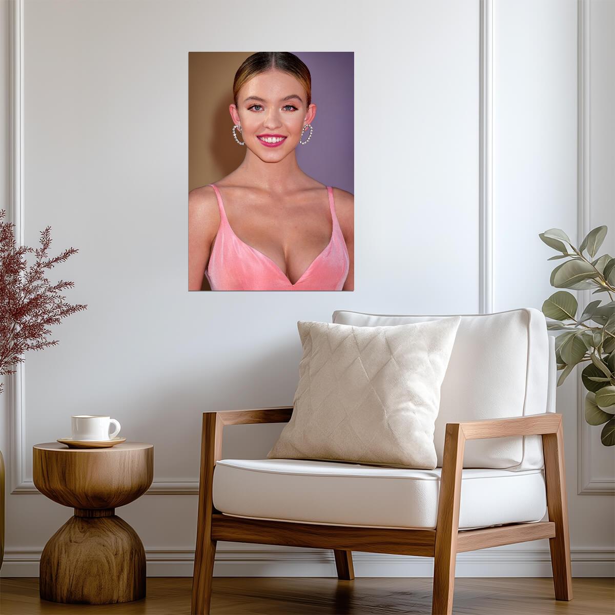Sydney Sweeney Pink Outfit | Smiling Portrait with Heart Earrings | Celebrity Star Poster - Celebrities Poster