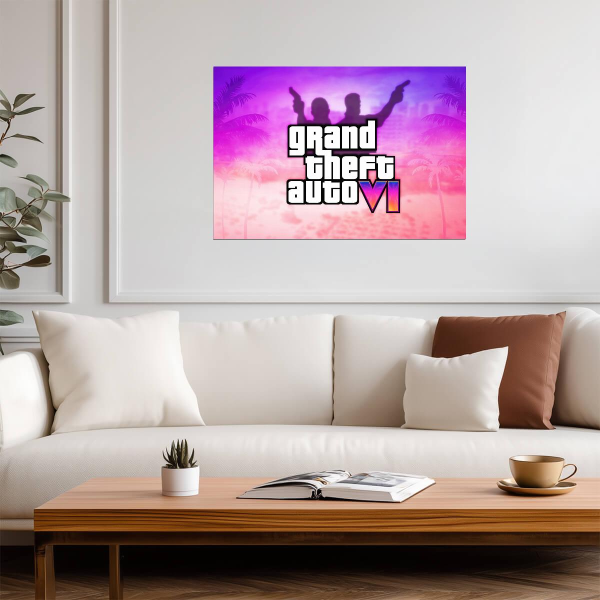 Grand Theft Auto VI Fan Logo Art Silhouette | Vice City Palm Trees Poster | Modern Game Room Decor - Video Games Poster