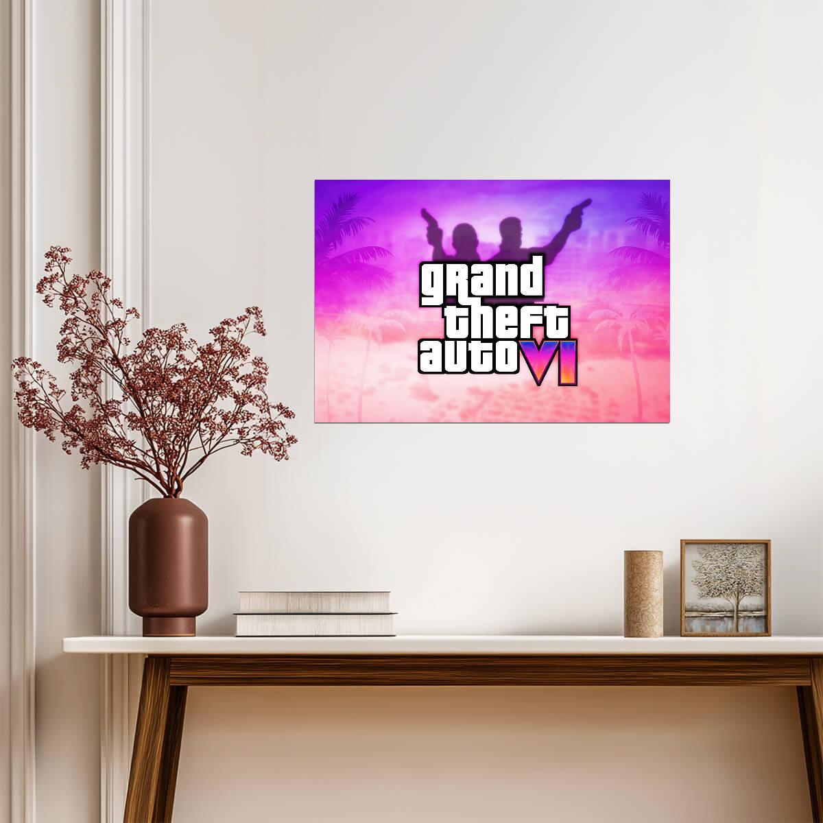 Grand Theft Auto VI Fan Logo Art Silhouette | Vice City Palm Trees Poster | Modern Game Room Decor - Video Games Poster