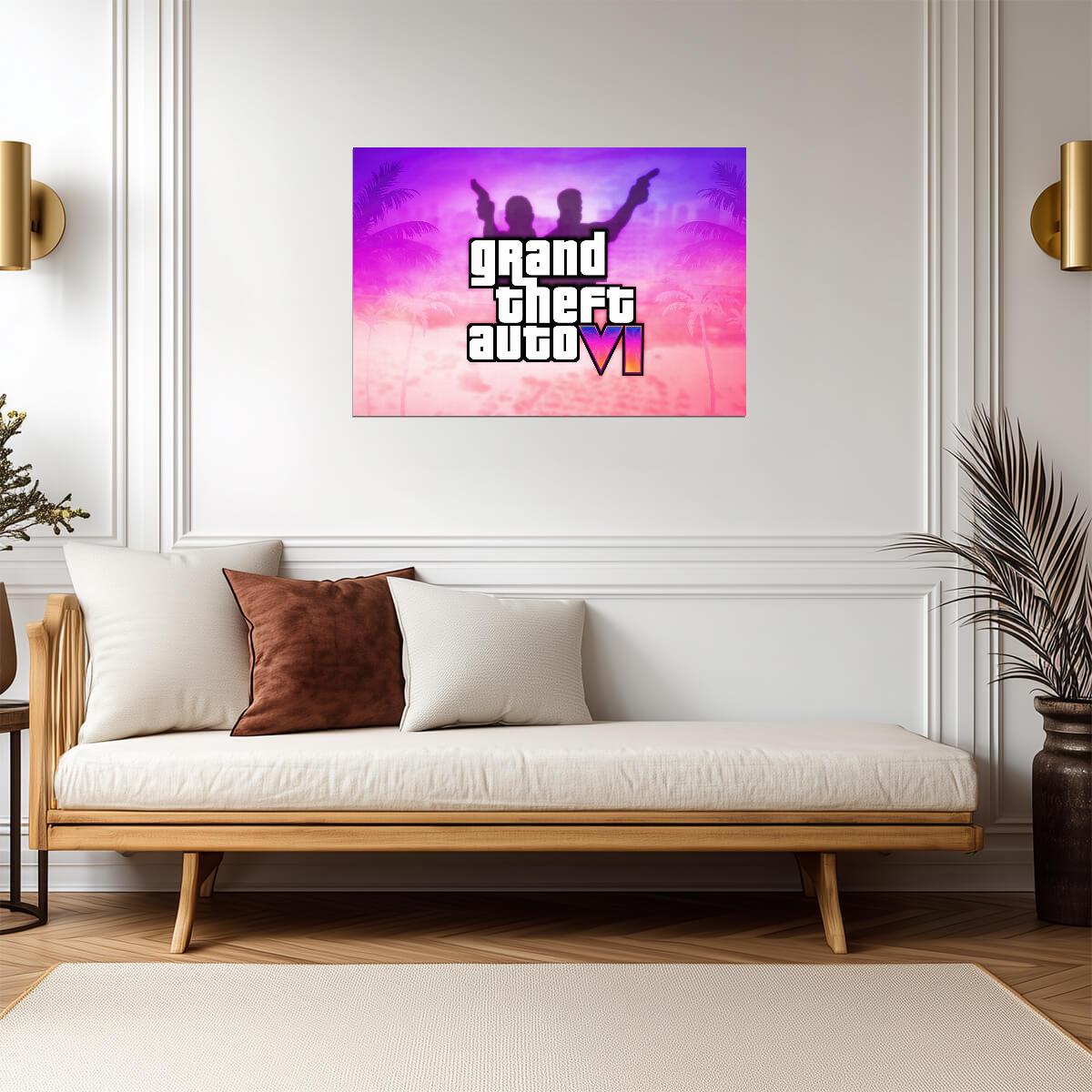 Grand Theft Auto VI Fan Logo Art Silhouette | Vice City Palm Trees Poster | Modern Game Room Decor - Video Games Poster