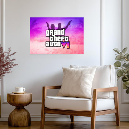 Grand Theft Auto VI Fan Logo Art Silhouette | Vice City Palm Trees Poster | Modern Game Room Decor - Video Games Poster