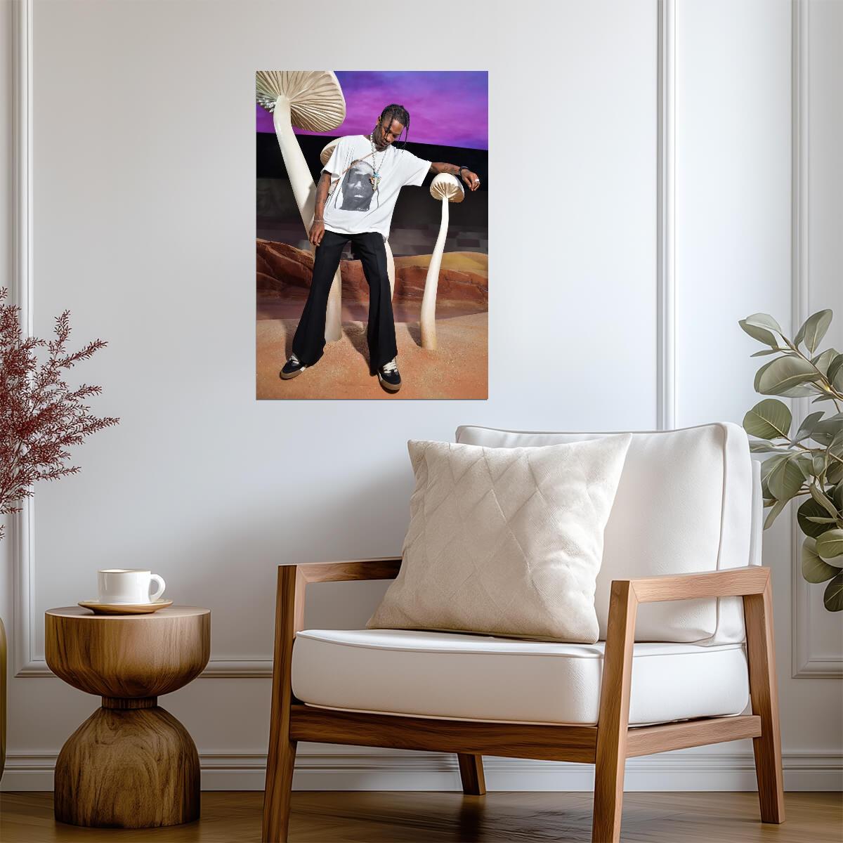 Travis Scott Giant Mushrooms | White Tee Portrait | Psychedelic Hip Hop Poster - Music Poster