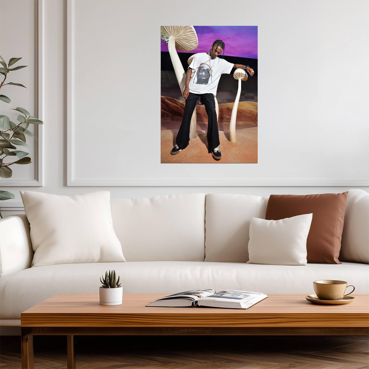 Travis Scott Giant Mushrooms | White Tee Portrait | Psychedelic Hip Hop Poster - Music Poster