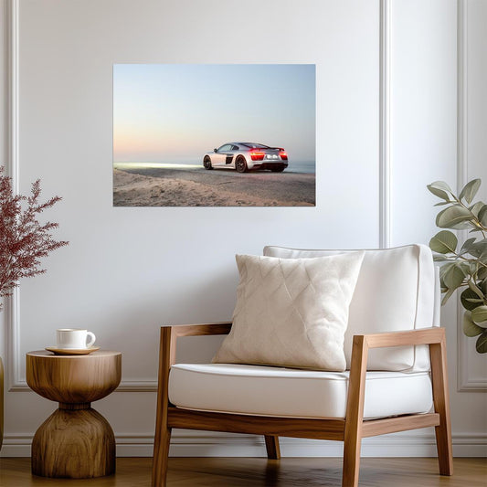 Audi R8 V10 Plus (Gen 2) | Silver German Supercar Poster | Sports Car on Beach Road at Dusk - Cars Poster