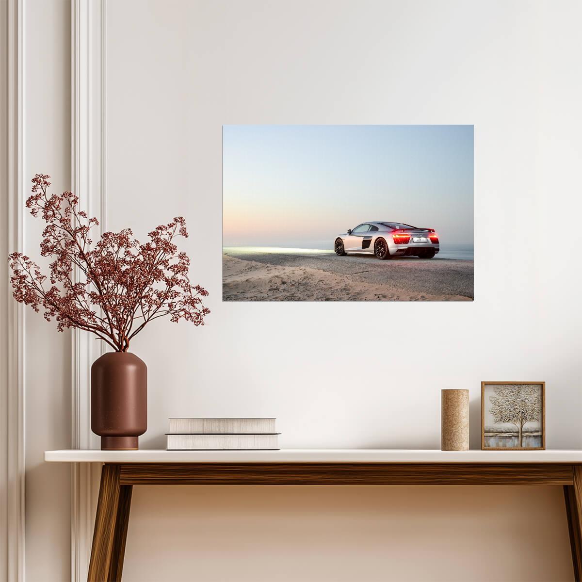 Audi R8 V10 Plus (Gen 2) | Silver German Supercar Poster | Sports Car on Beach Road at Dusk - Cars Poster