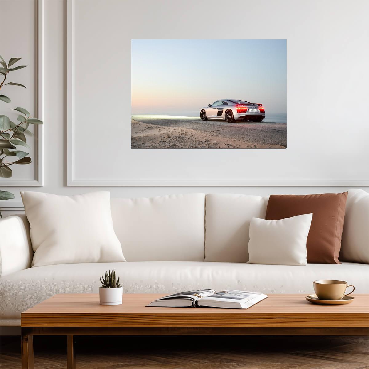 Audi R8 V10 Plus (Gen 2) | Silver German Supercar Poster | Sports Car on Beach Road at Dusk - Cars Poster