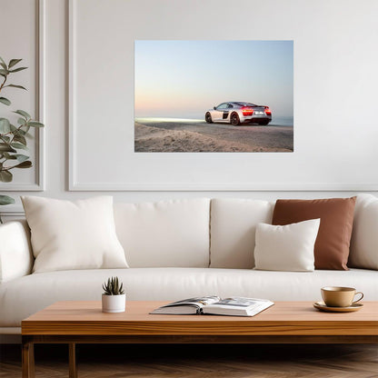 Audi R8 V10 Plus (Gen 2) | Silver German Supercar Poster | Sports Car on Beach Road at Dusk - Cars Poster