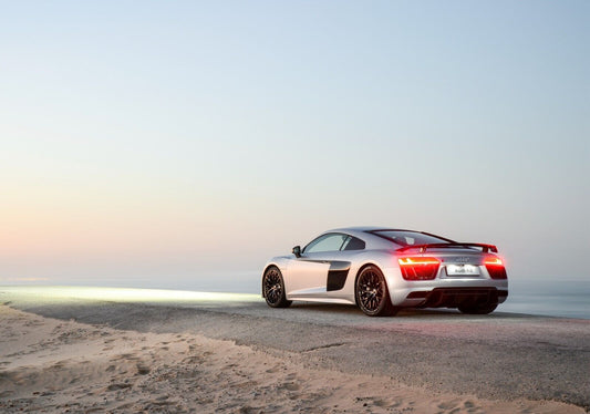 Audi R8 V10 Plus (Gen 2) | Silver German Supercar Poster | Sports Car on Beach Road at Dusk - Cars Poster