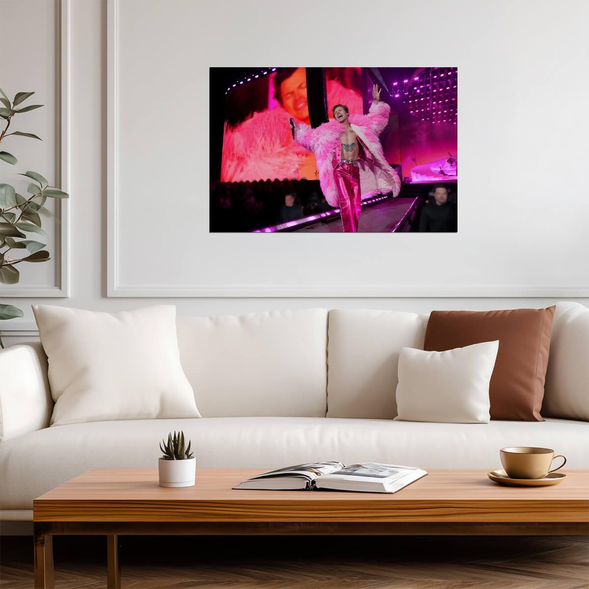 Harry Styles Live in Concert | Pink Feather Outfit Photo | Pop Music Poster - Music Poster