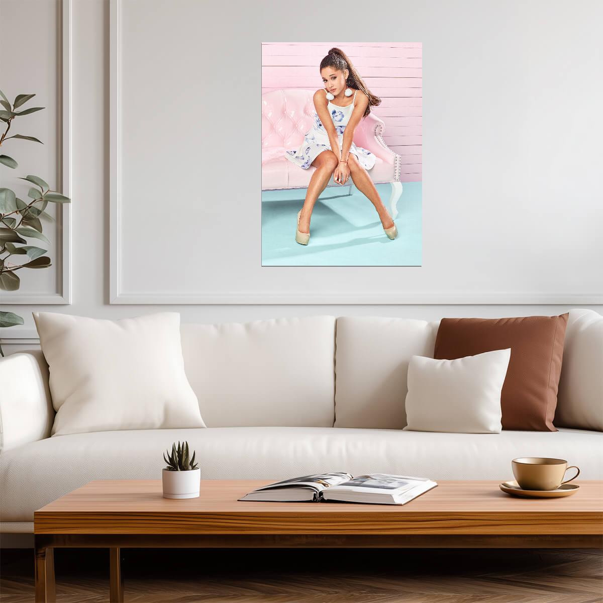 Ariana Grande on Pink Couch | Floral Dress Portrait Poster | Celebrity Wall Art - Music Poster