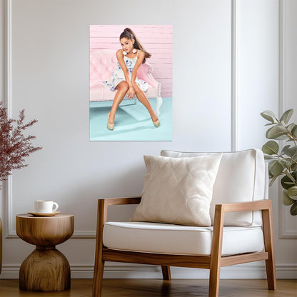 Ariana Grande on Pink Couch | Floral Dress Portrait Poster | Celebrity Wall Art - Music Poster