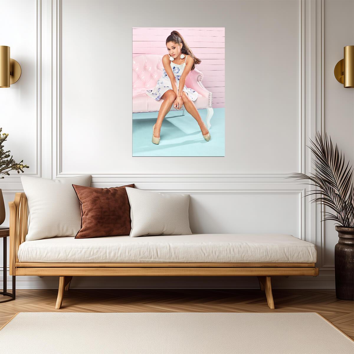 Ariana Grande on Pink Couch | Floral Dress Portrait Poster | Celebrity Wall Art - Music Poster