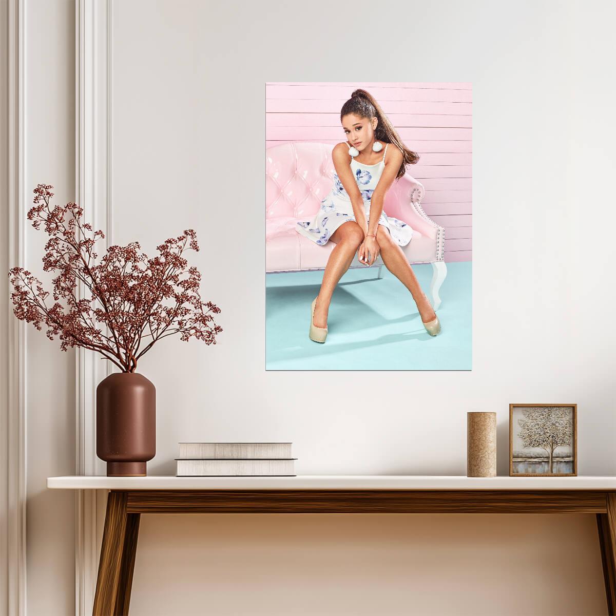 Ariana Grande on Pink Couch | Floral Dress Portrait Poster | Celebrity Wall Art - Music Poster