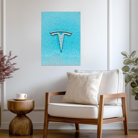 Tesla Logo with Water Drops | Minimalist Automotive Photography | Modern Electric Car Art Poster - Cars Poster