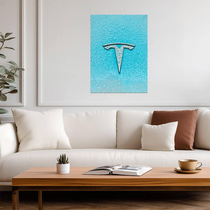 Tesla Logo with Water Drops | Minimalist Automotive Photography | Modern Electric Car Art Poster - Cars Poster