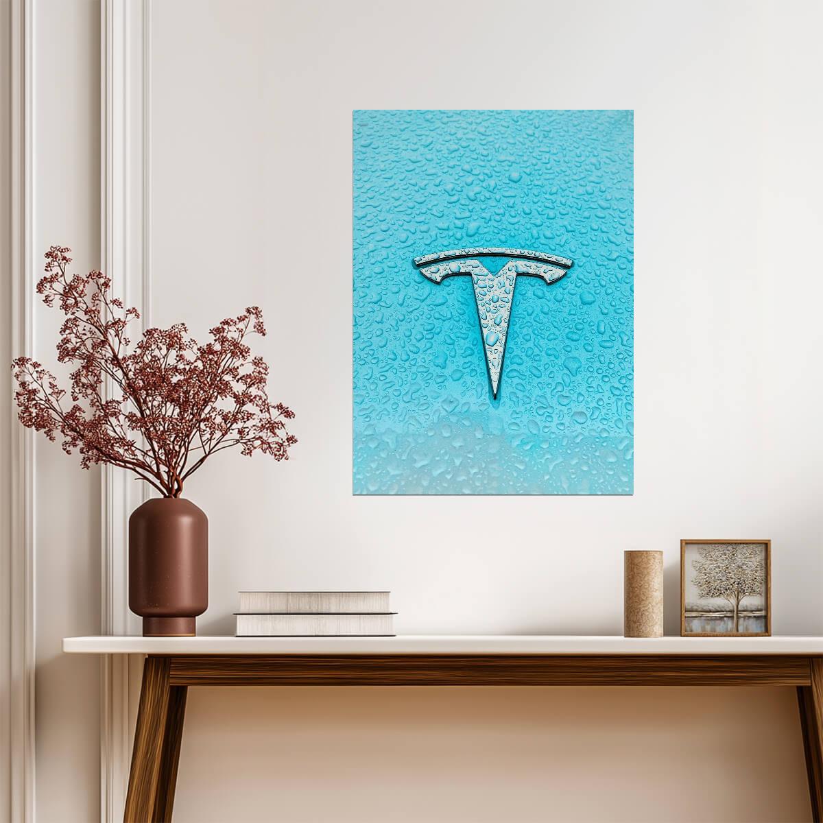 Tesla Logo with Water Drops | Minimalist Automotive Photography | Modern Electric Car Art Poster - Cars Poster