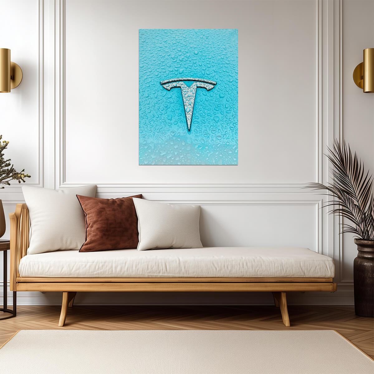 Tesla Logo with Water Drops | Minimalist Automotive Photography | Modern Electric Car Art Poster - Cars Poster