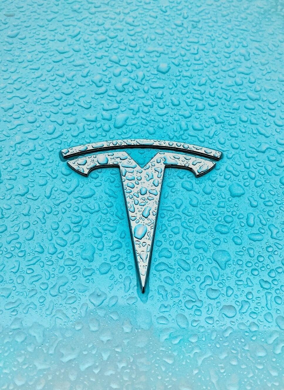 Tesla Logo with Water Drops | Minimalist Automotive Photography | Modern Electric Car Art Poster - Cars Poster
