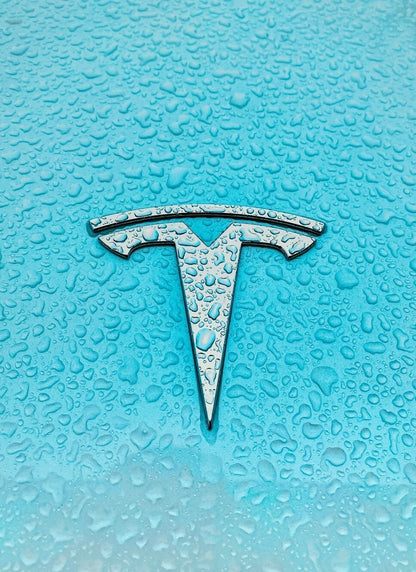 Tesla Logo with Water Drops | Minimalist Automotive Photography | Modern Electric Car Art Poster - Cars Poster