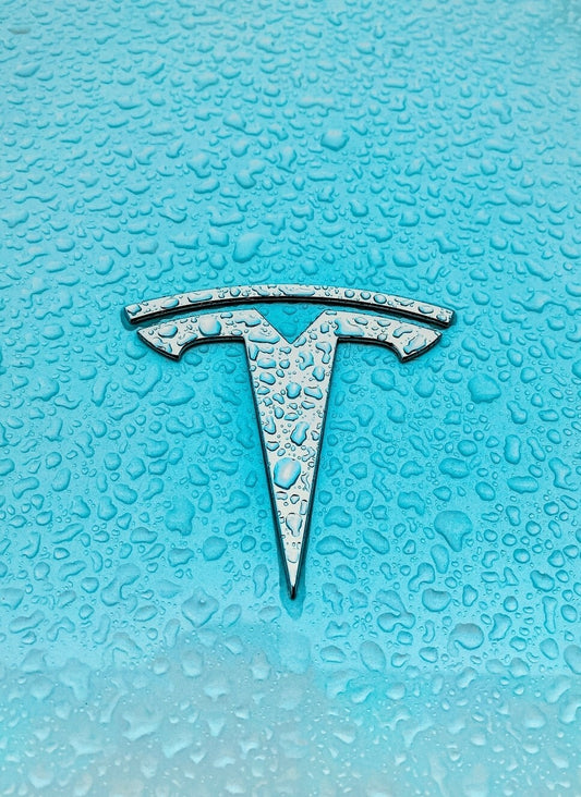 Tesla Logo with Water Drops | Minimalist Automotive Photography | Modern Electric Car Art Poster - Cars Poster