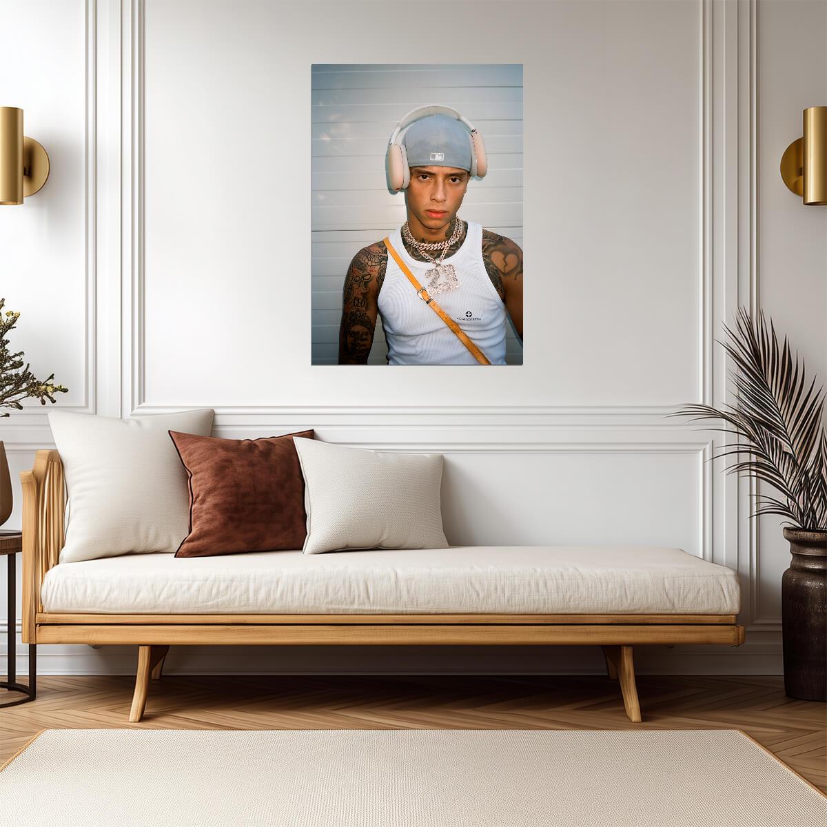 Central Cee with Headphones | White Tank Top 23 Chain Poster | UK Rap Star Wall Art - Music Poster