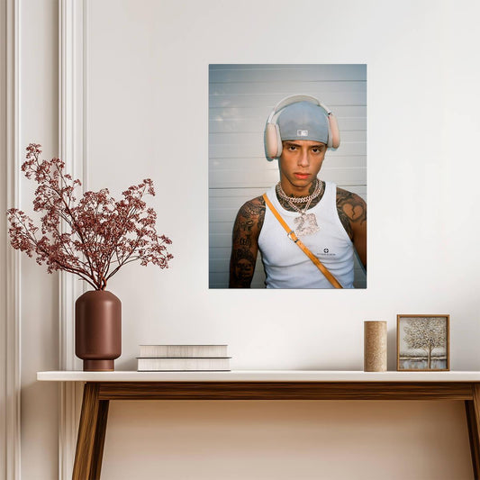Central Cee with Headphones | White Tank Top 23 Chain Poster | UK Rap Star Wall Art - Music Poster