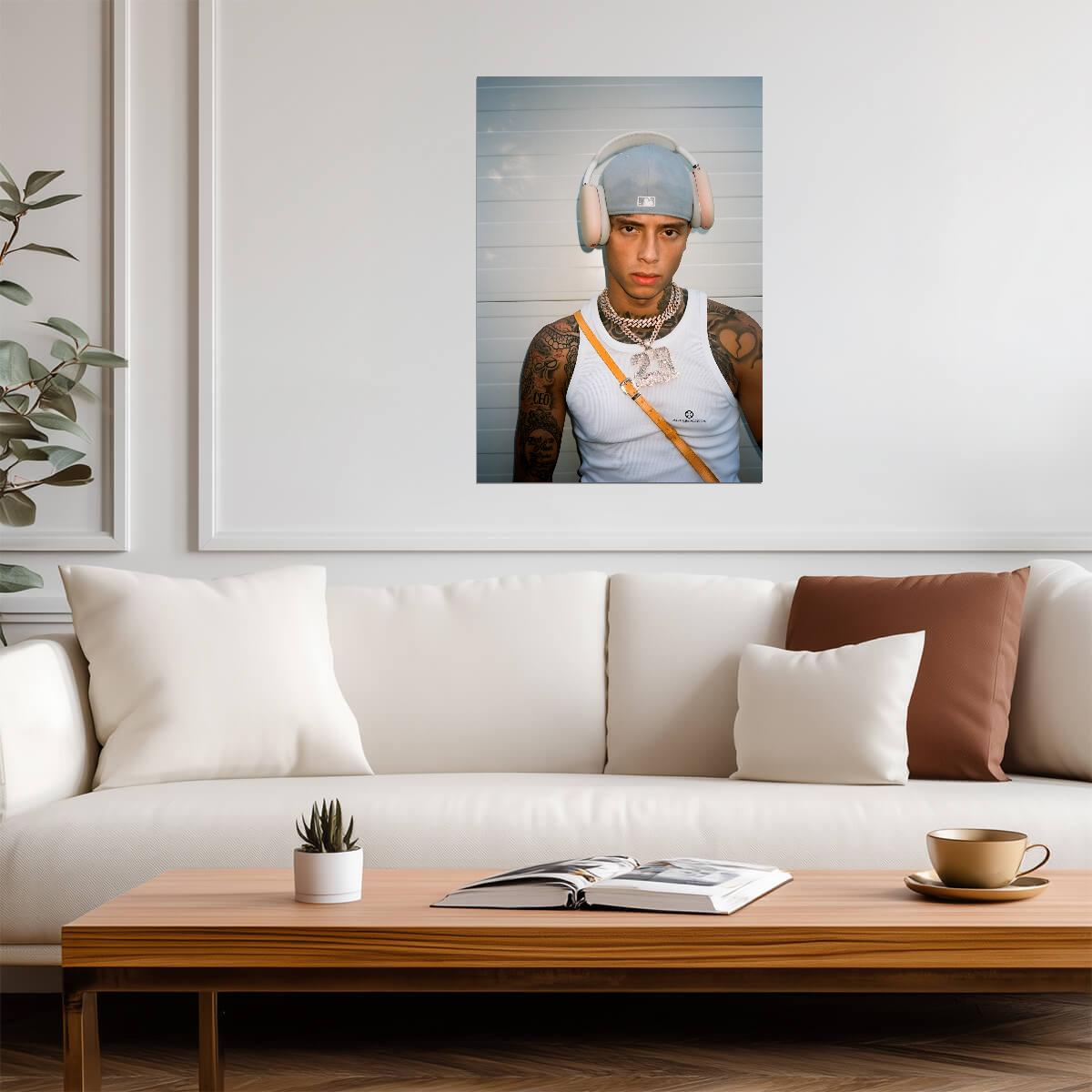 Central Cee with Headphones | White Tank Top 23 Chain Poster | UK Rap Star Wall Art - Music Poster