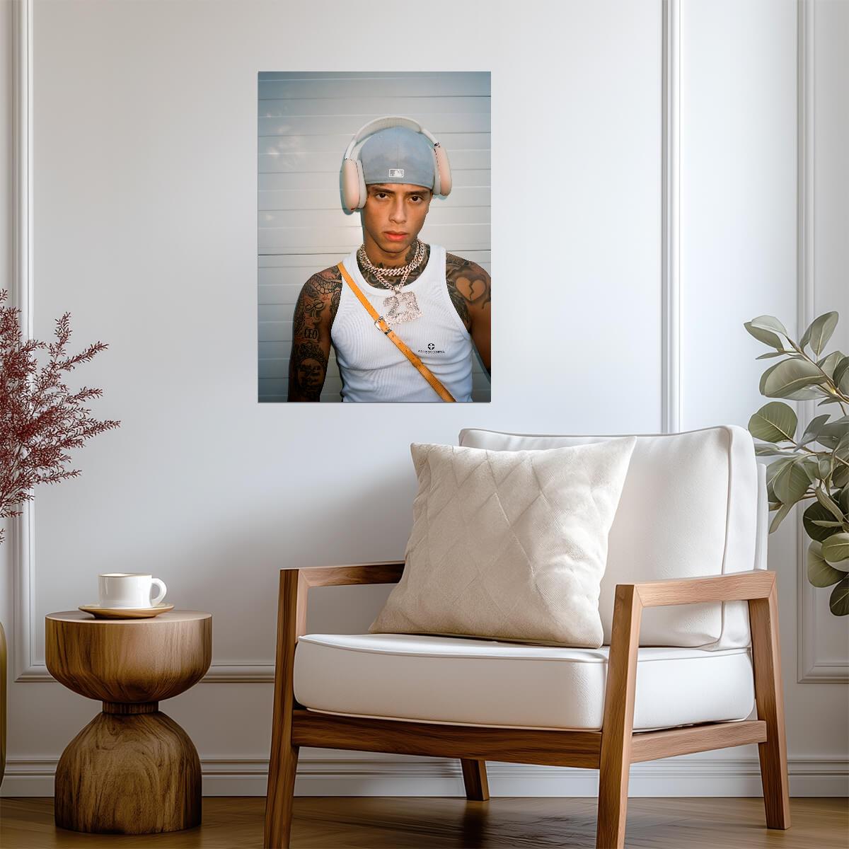 Central Cee with Headphones | White Tank Top 23 Chain Poster | UK Rap Star Wall Art - Music Poster