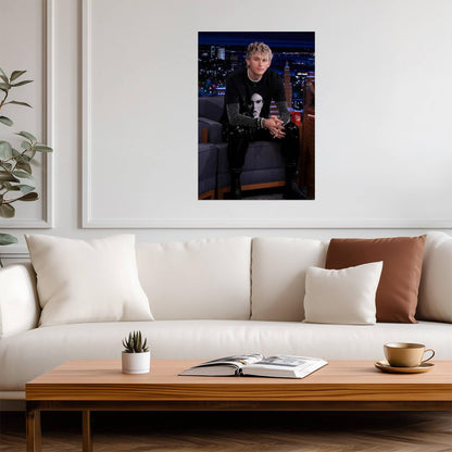 Machine Gun Kelly Sitting on Couch | Black Graphic Tee & Vinyl Pants | Music Interview Poster - Music Poster