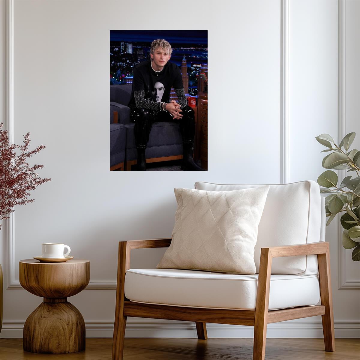 Machine Gun Kelly Sitting on Couch | Black Graphic Tee & Vinyl Pants | Music Interview Poster - Music Poster