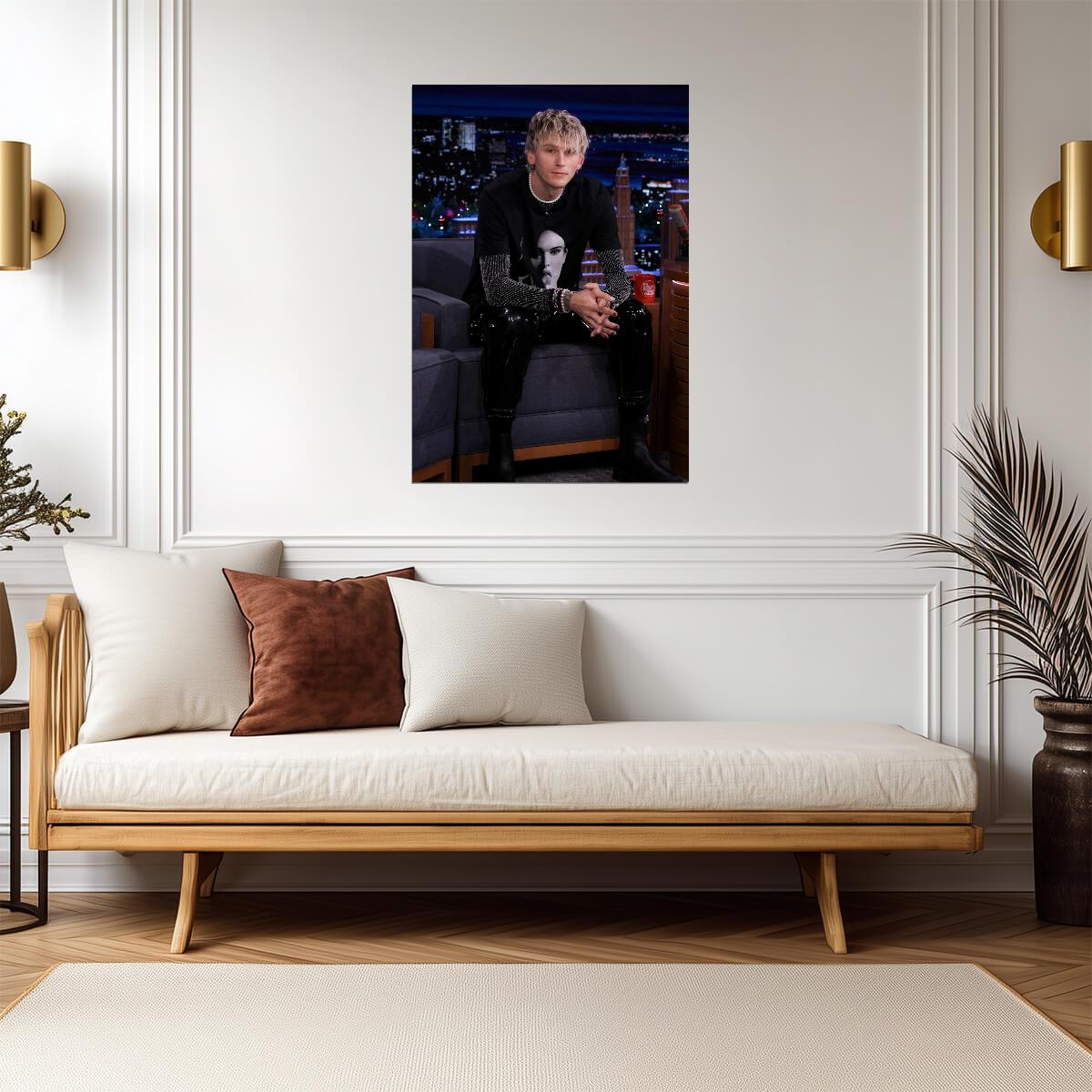 Machine Gun Kelly Sitting on Couch | Black Graphic Tee & Vinyl Pants | Music Interview Poster - Music Poster