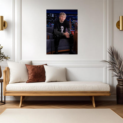 Machine Gun Kelly Sitting on Couch | Black Graphic Tee & Vinyl Pants | Music Interview Poster - Music Poster