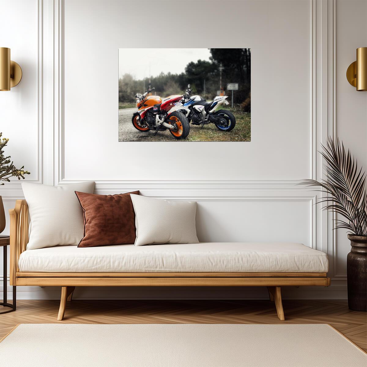 Honda CB1000R Hannspree & CB600F Hornet Repsol | Streetfighter Motorcycle Poster | Japanese Street Bikes Art - Cars Poster