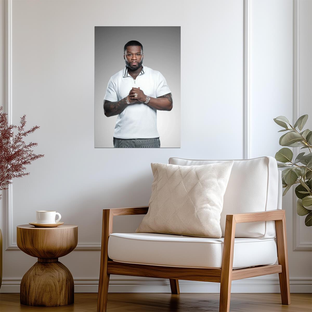 50 Cent Modern Studio Portrait | White Shirt Poster | Hip Hop Star Wall Art - Music Poster