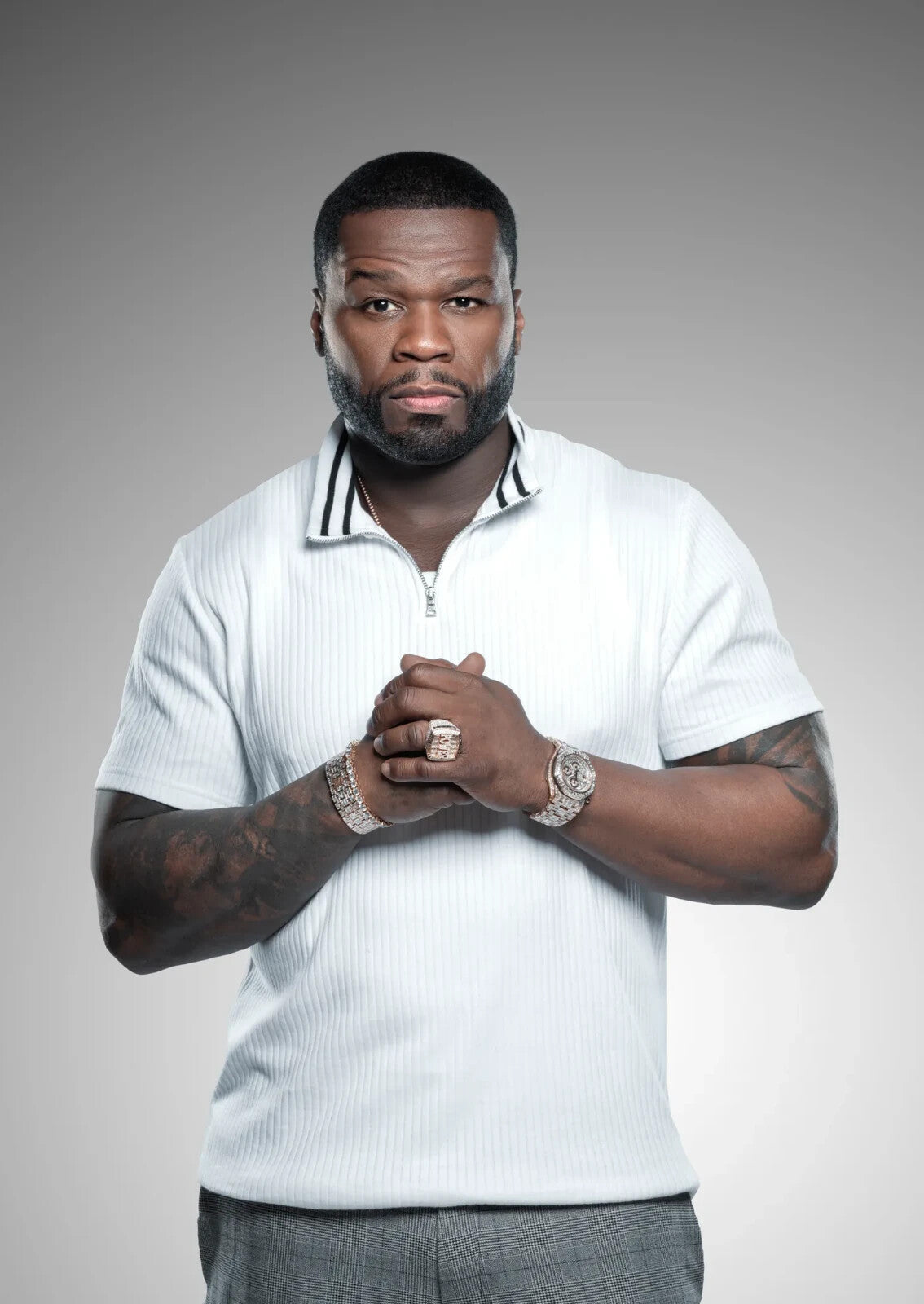 50 Cent Modern Studio Portrait | White Shirt Poster | Hip Hop Star Wall Art - Music Poster