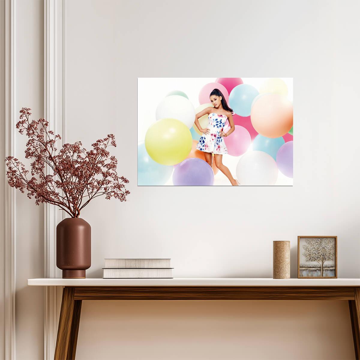 Ariana Grande with Colorful Balloons | Floral Dress Photoshoot Poster | Pop Star Wall Art - Music Poster